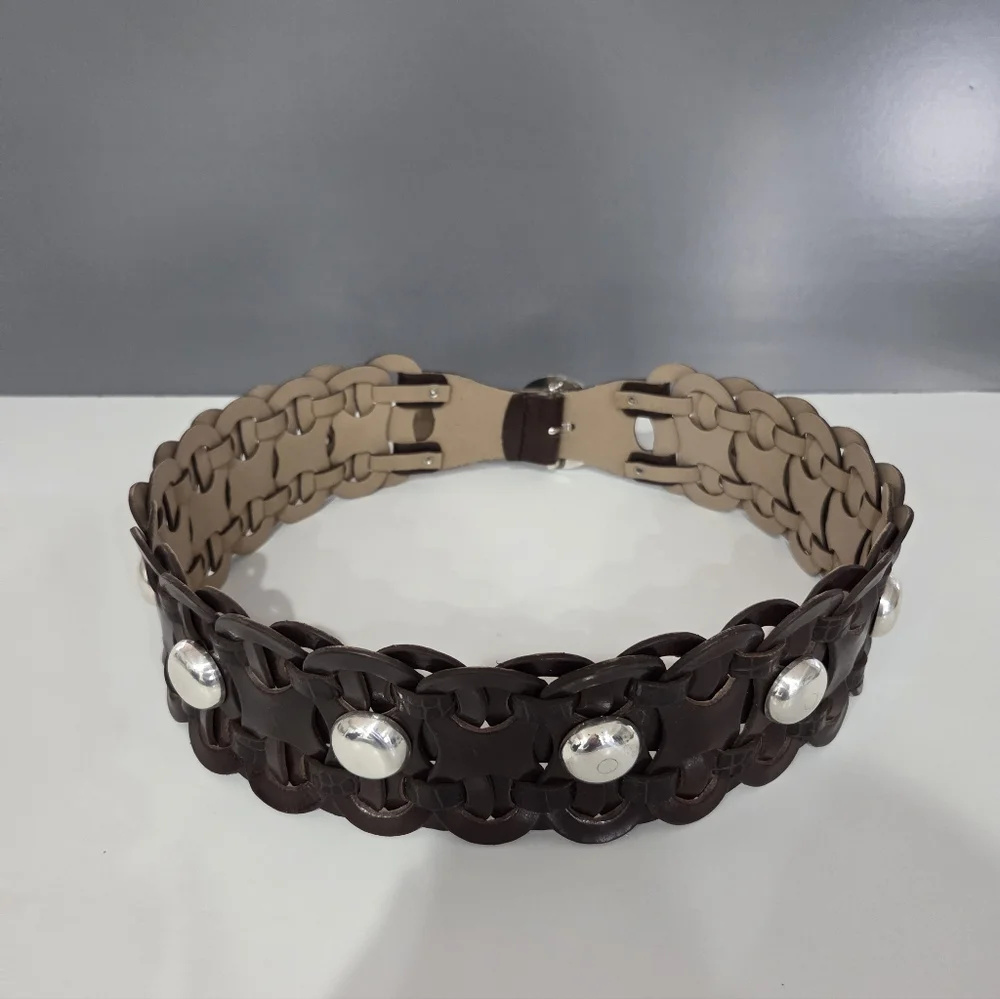 Calvin Klein Woven Wide Brown Leather Belt - Picture 3 of 6